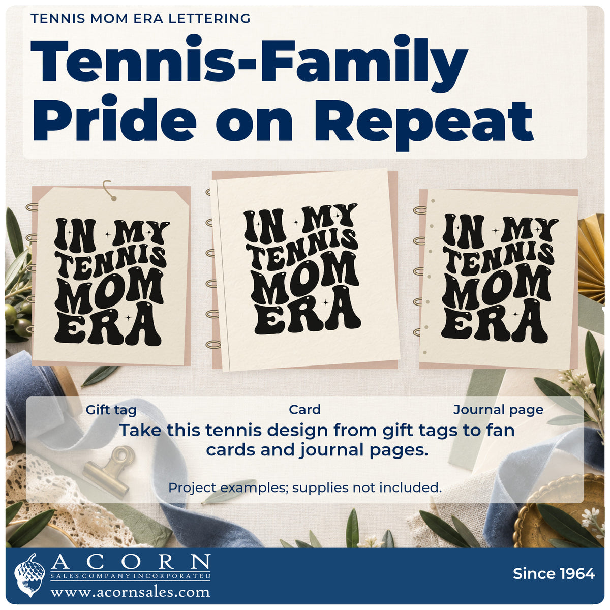 Three project examples made with the In My Tennis Mom Era PSI Pre-Inked Stamp, including order count sheet.