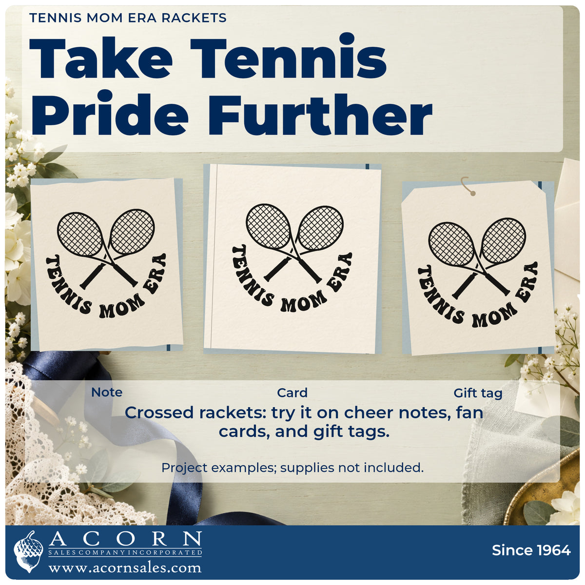 Three project examples made with the Tennis Mom Era Rackets Stamp – PSI Pre-Inked, including order form sheet.