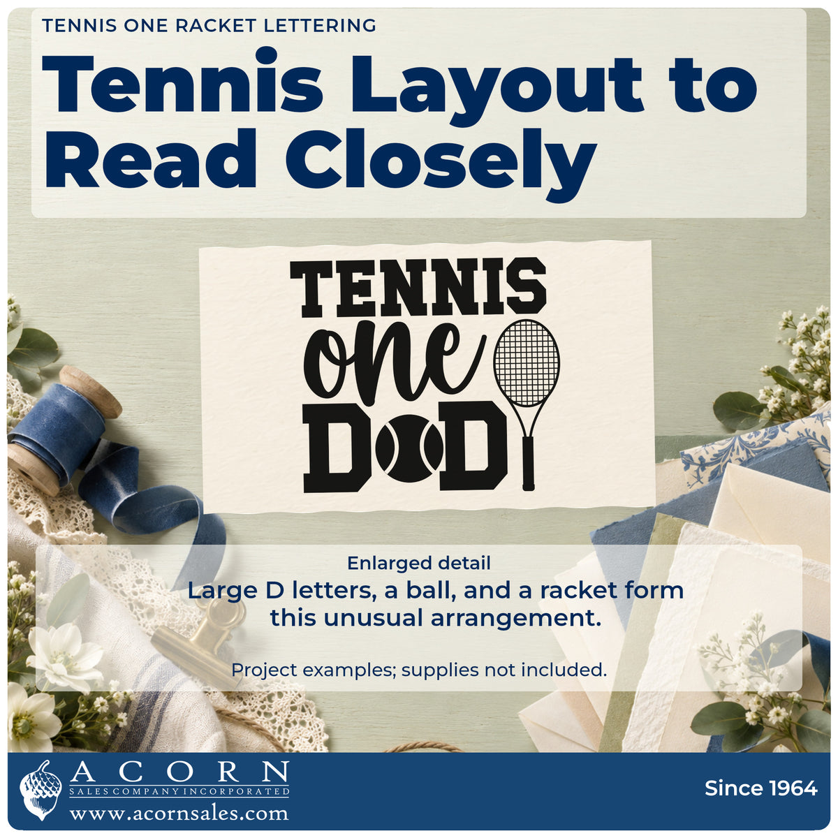 Enlarged detail of the Tennis One Racket Lettering Compact Pre-Inked Stamp – Slim imprint. TENNIS one appears above two large D letters flanking a tennis ball, with a racket at the right.
