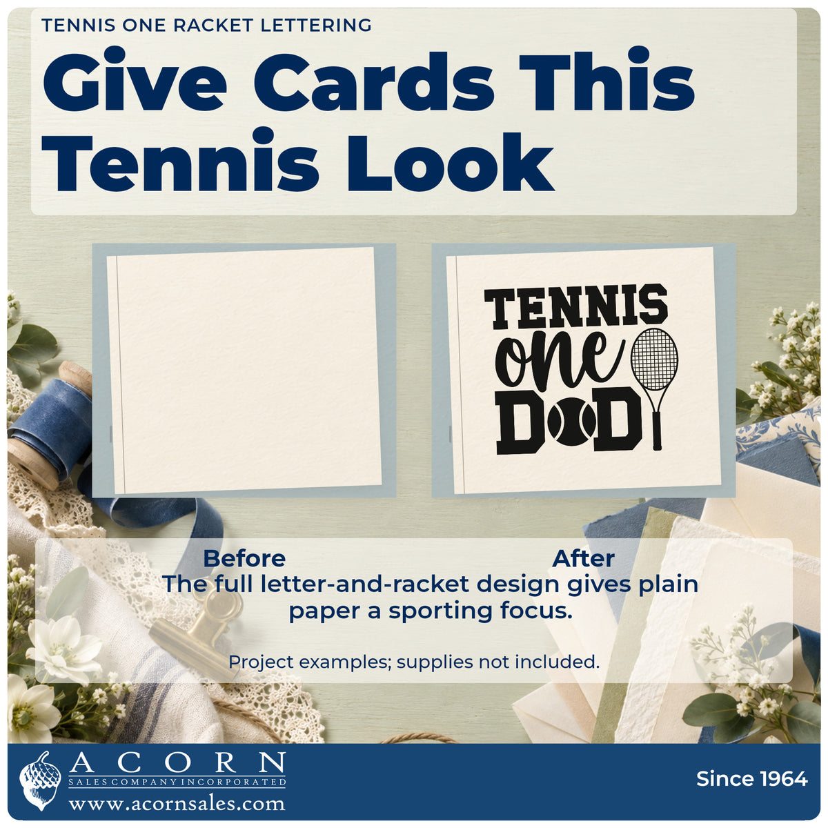 Before and after of a plain item finished with the Tennis One Racket Lettering Compact Pre-Inked Stamp – Slim, a quick upgrade for framed garage corner.