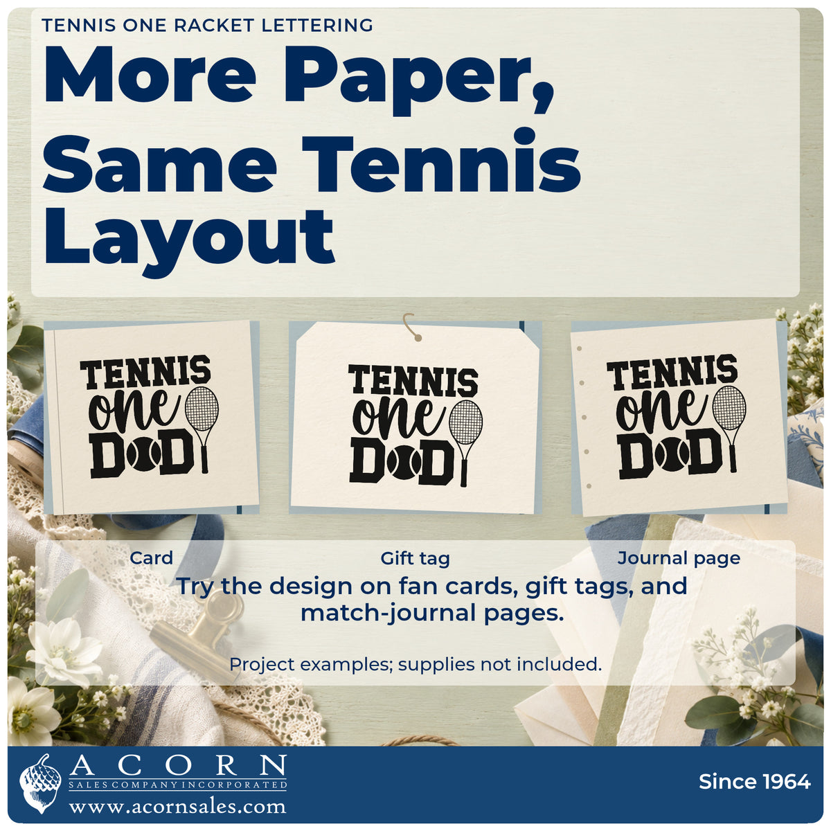 Three project examples made with the Tennis One Racket Lettering Compact Pre-Inked Stamp – Slim, including string log sheet.