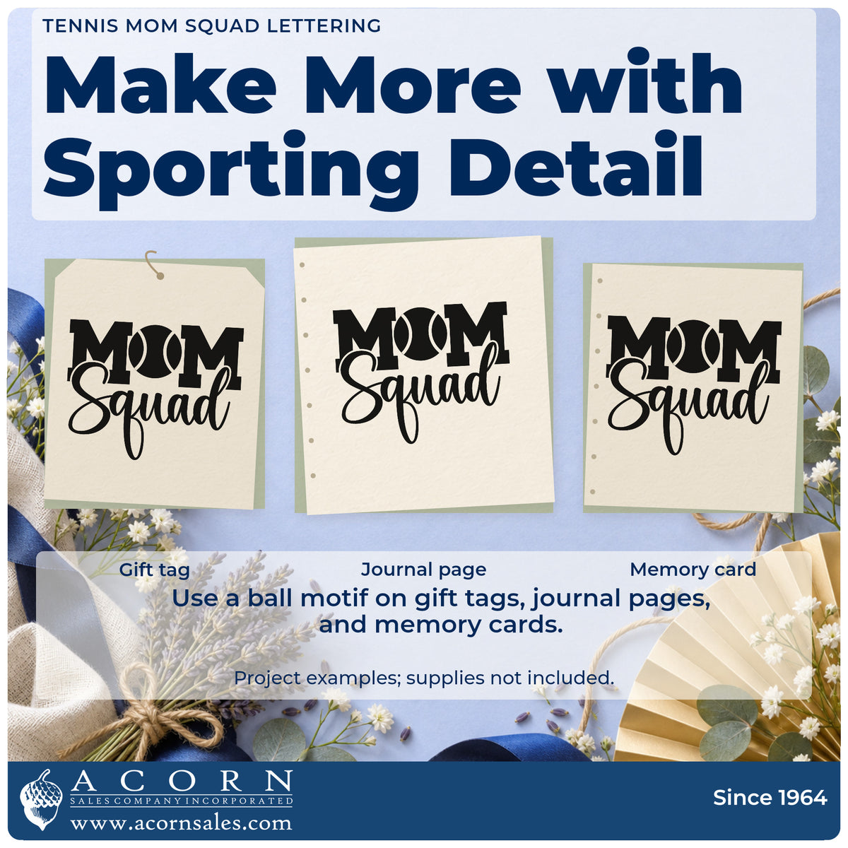 Three project examples made with the Tennis Mom Squad Word Art Rubber Stamp – Wood Handle, including seat plan sheet.