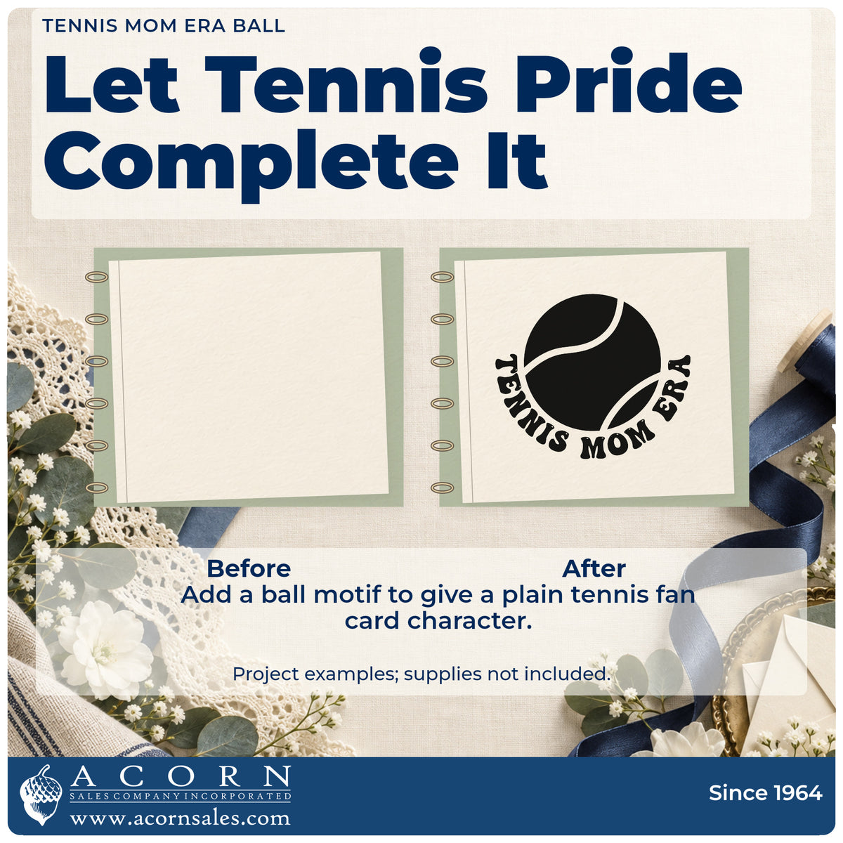Before and after of a plain item finished with the Slim Pre-Inked Tennis Mom Era Ball Stamp, a quick upgrade for framed garage hook.
