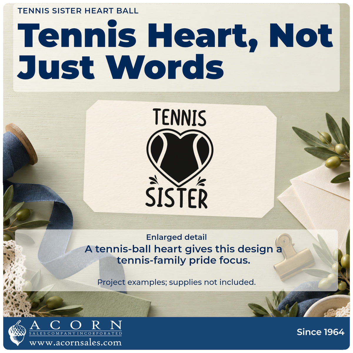 Enlarged detail of the Tennis Sister Heart Ball Hand Stamp – Duo imprint. TENNIS SISTER surrounds a heart-shaped tennis ball with small accent strokes.