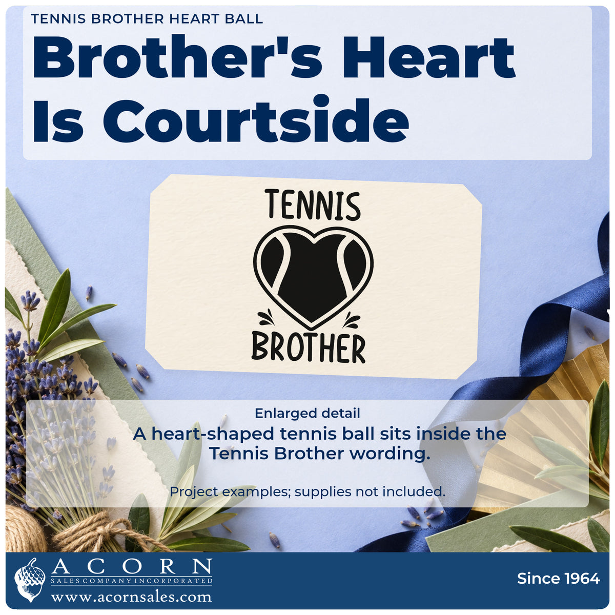 Enlarged detail of the Self-Inking Brother Tennis Heart Lettering Stamp imprint. TENNIS BROTHER surrounds a heart-shaped tennis ball with small accent strokes.
