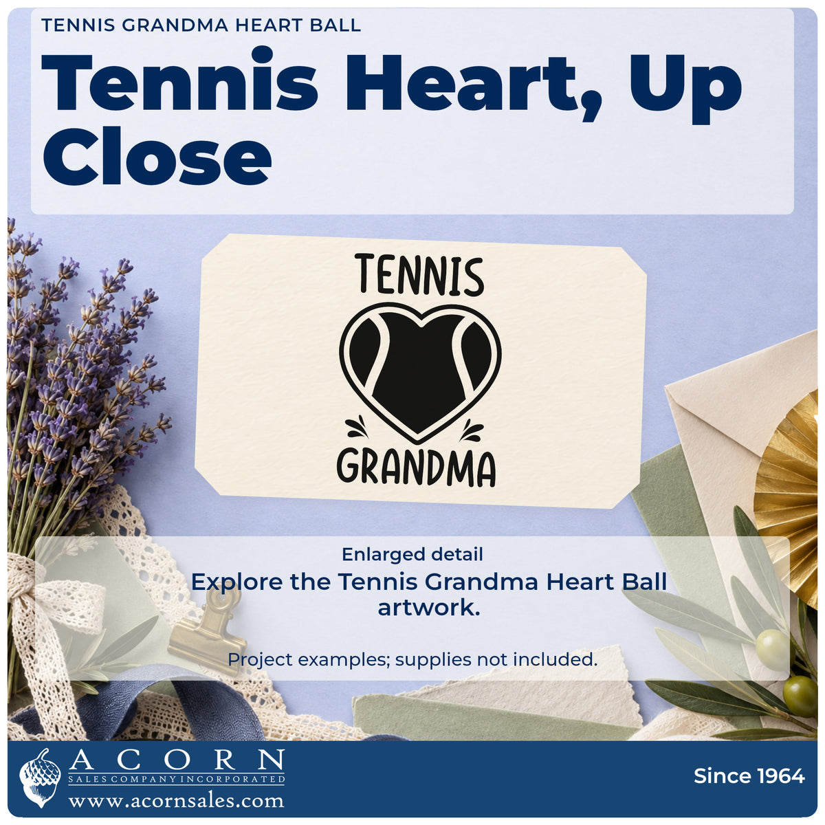 Enlarged detail of the Tennis Grandma Heart Ball Premium Wooden Stamp – Vintage Pro imprint. TENNIS GRANDMA surrounds a heart-shaped tennis ball with small accent strokes.