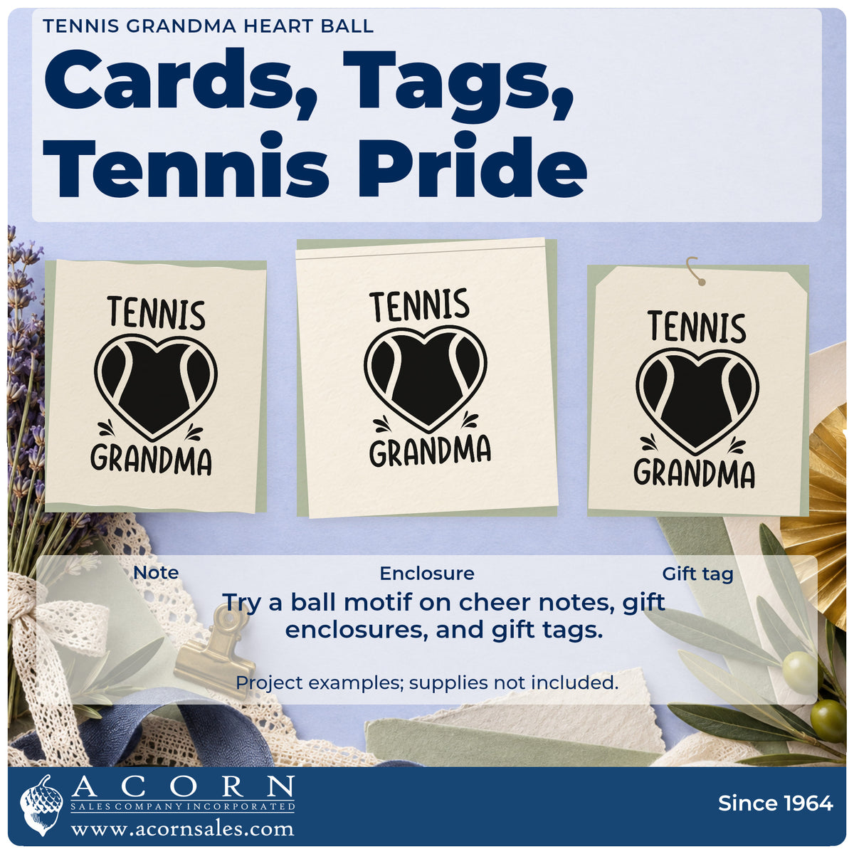 Three project examples made with the Tennis Grandma Heart Ball Premium Wooden Stamp – Vintage Pro, including match attend sheet.