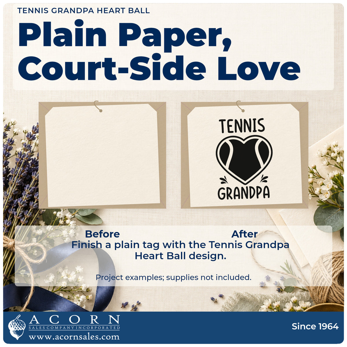 Before and after of a plain item finished with the Grandpa Tennis Heart Lettering Slim Pre-Inked Stamp, a quick upgrade for framed court shelter.