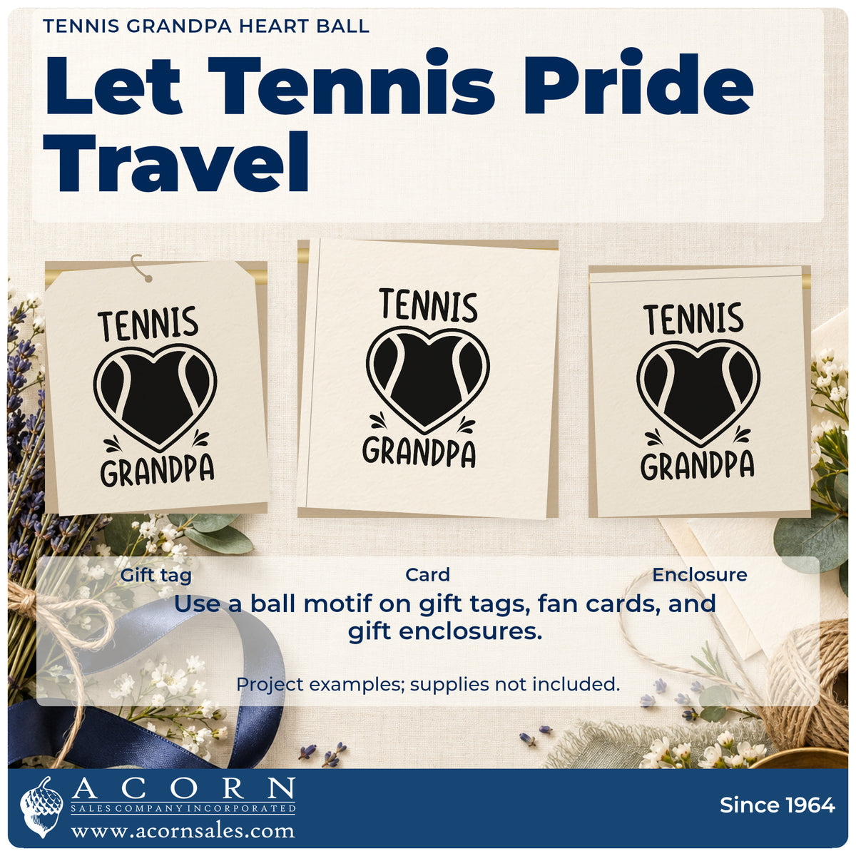 Three project examples made with the Grandpa Tennis Heart Lettering Slim Pre-Inked Stamp, including group rota sheet.