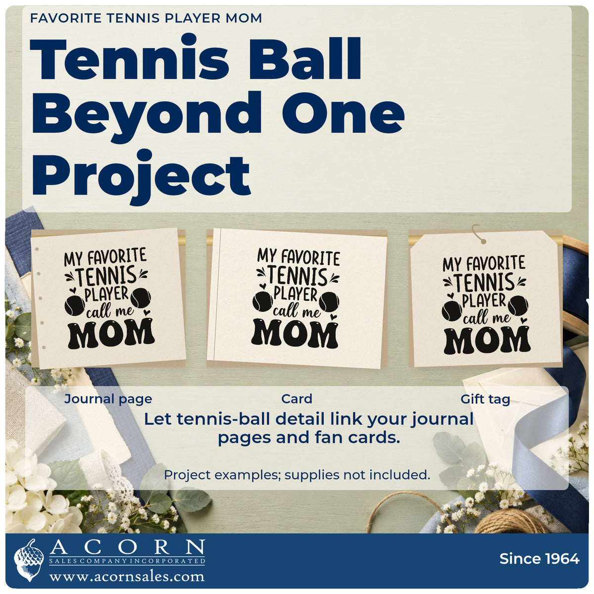 Three project examples made with the Favorite Tennis Player Mom With Hearts Pre-Inked Stamp – Slim, including decal order sheet.
