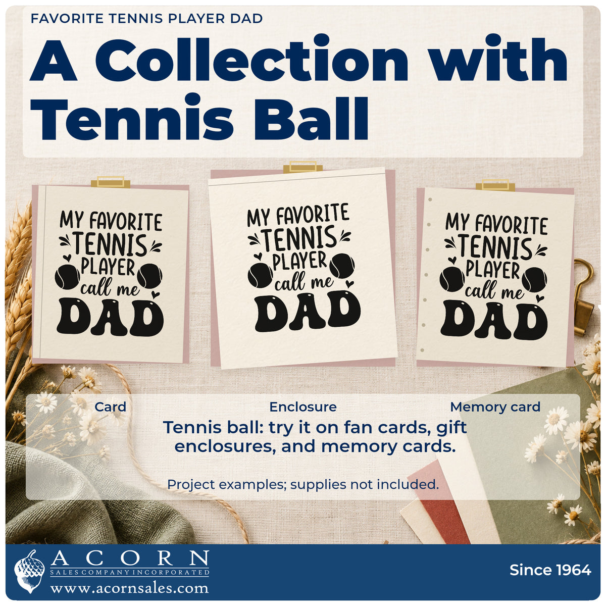 Three project examples made with the PSI Pre-Inked Favorite Tennis Player Dad With Hearts Stamp, including file index sheet.