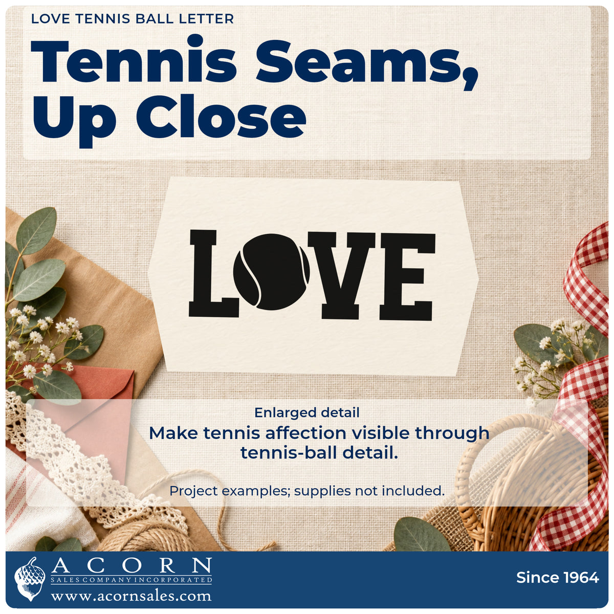 Enlarged detail of the Love Tennis Solid Ball Letter Pre-Inked Stamp – PSI imprint. LOVE uses a large solid tennis ball in place of the O.