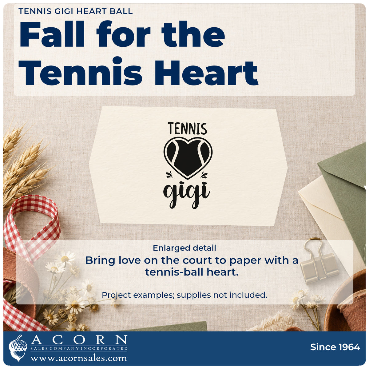 Enlarged detail of the Gigi Tennis Heart Lettering Pre-Inked Stamp – PSI imprint. TENNIS gigi surrounds a heart-shaped tennis ball with small accent strokes.