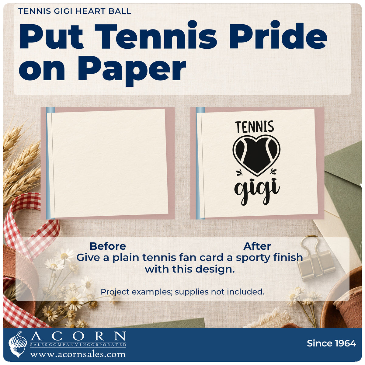 Before and after of a plain item finished with the Gigi Tennis Heart Lettering Rubber Stamp – Wood Handle, a quick upgrade for framed dining wall.