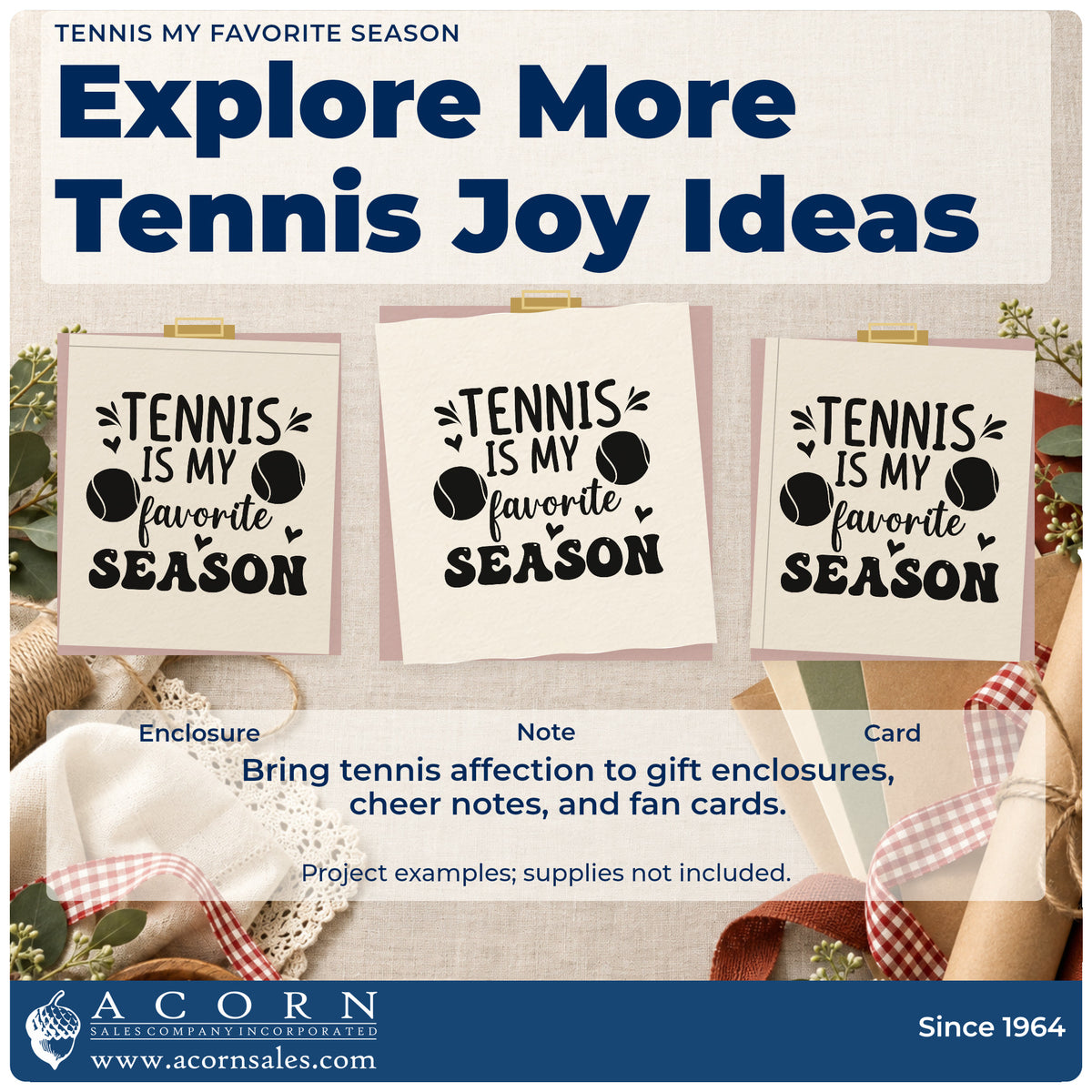 Three project examples made with the Tennis Is My Favorite Season Stamp – Premium Vintage Pro Wooden, including season plan sheet.