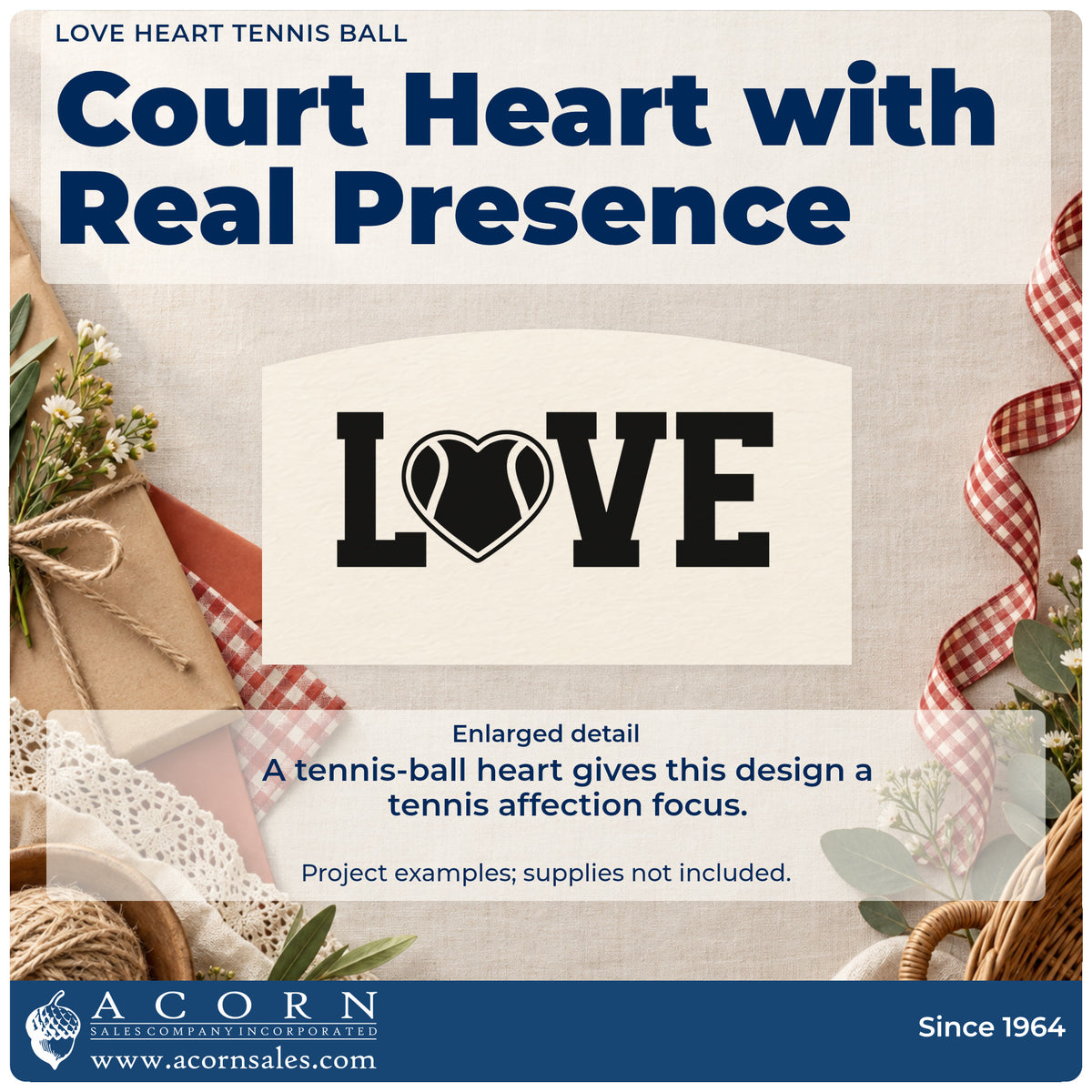 Enlarged detail of the Premium Wooden Love Heart Tennis Ball Stamp – Vintage Pro imprint. LOVE uses a heart-shaped tennis ball in place of the O.