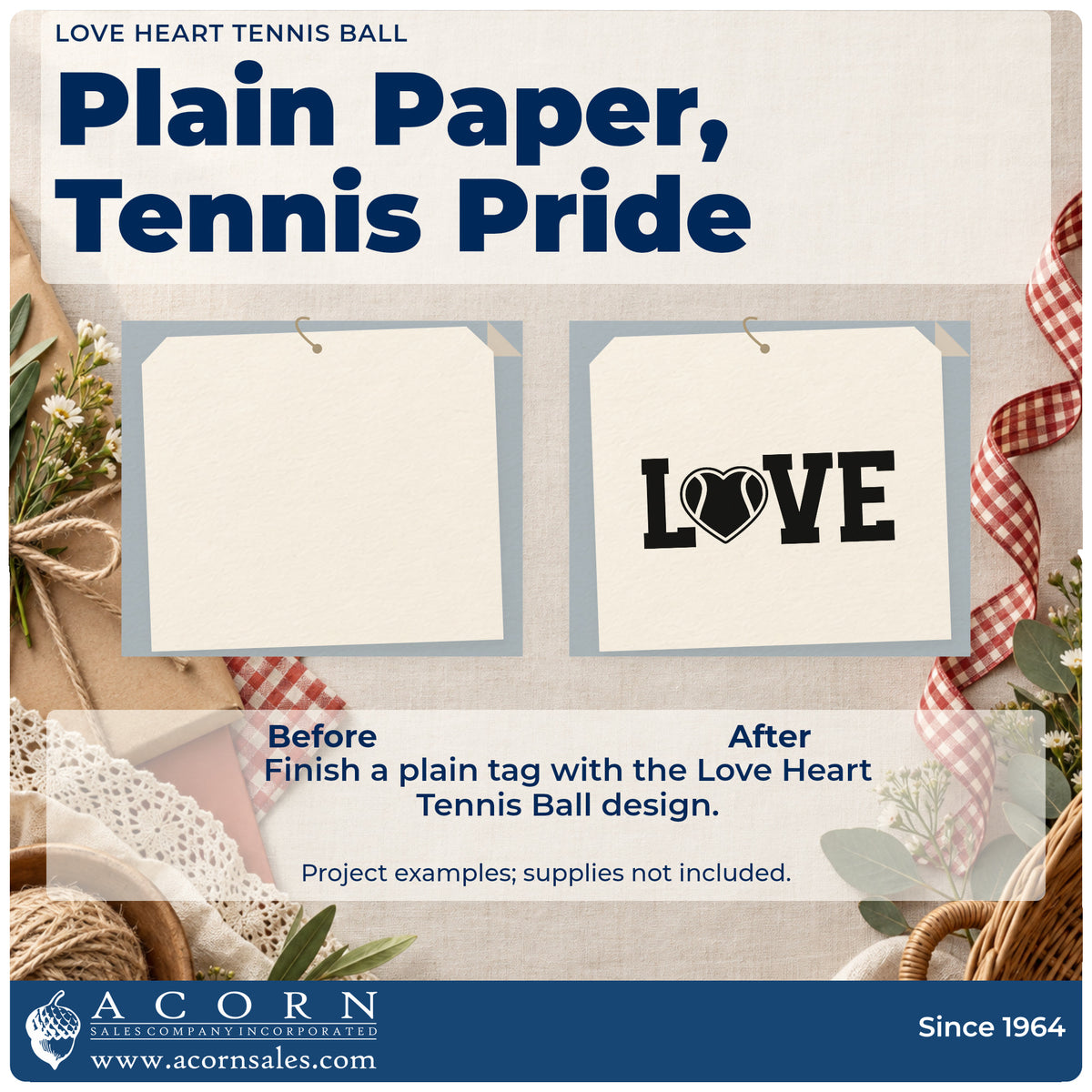 Before and after of a plain item finished with the Love Heart Tennis Ball Rubber Stamp – Wood Handle, a quick upgrade for framed club terrace.
