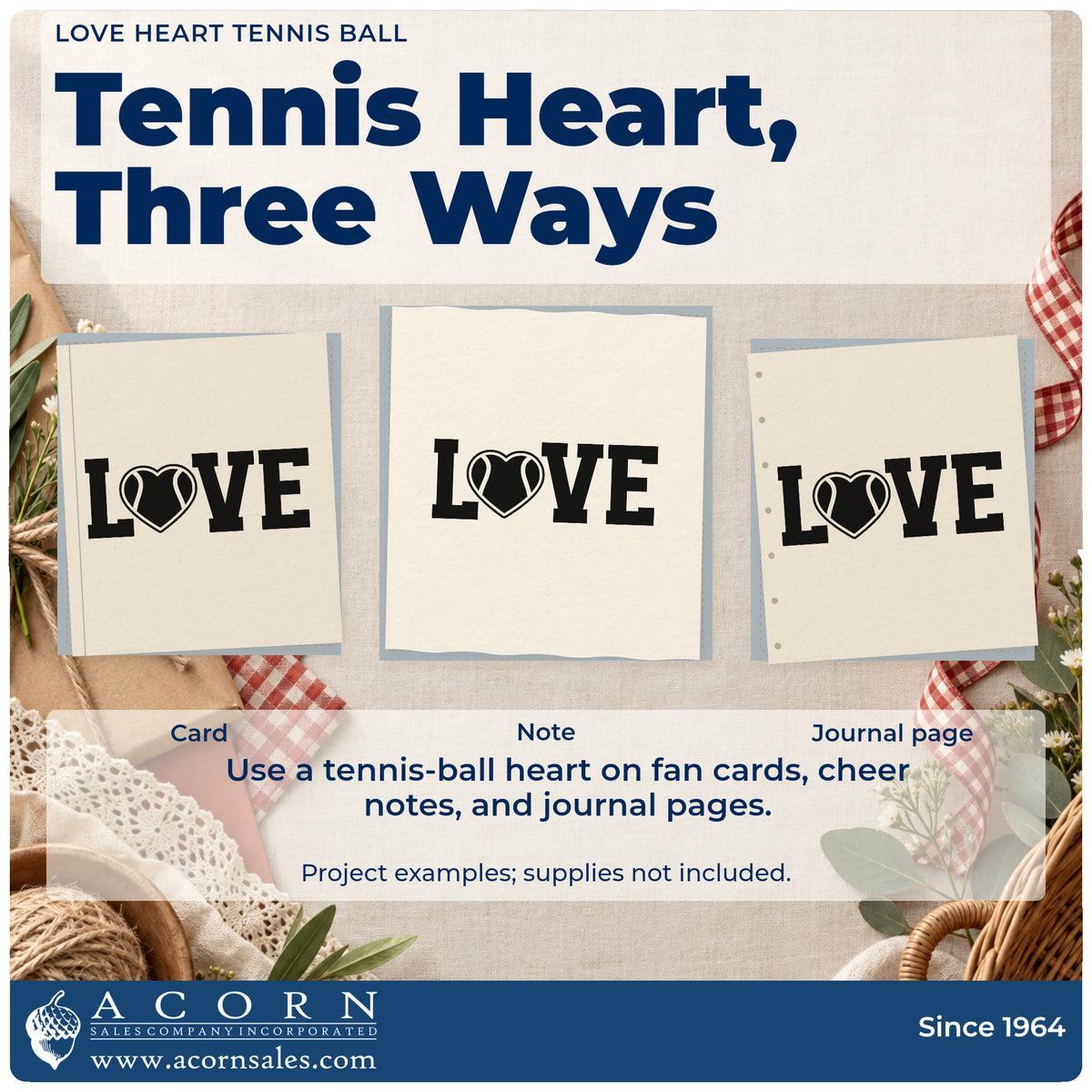 Three project examples made with the Premium Wooden Love Heart Tennis Ball Stamp – Vintage Pro, including year timeline sheet.