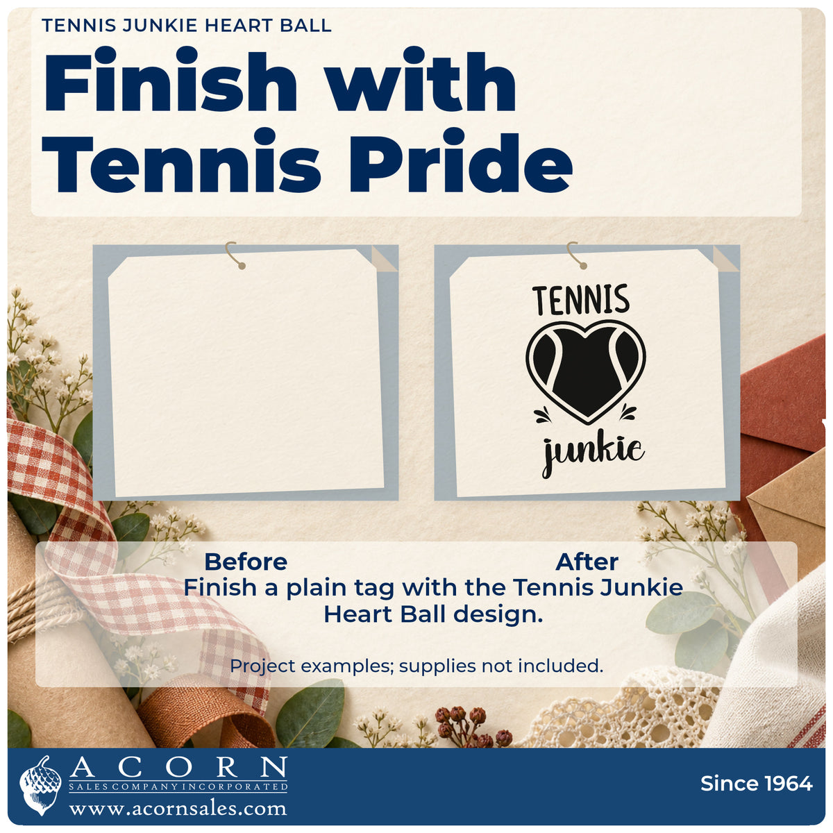 Before and after of a plain item finished with the Pre-Inked Tennis Junkie Heart Ball Stamp – PSI, a quick upgrade for framed court gate.