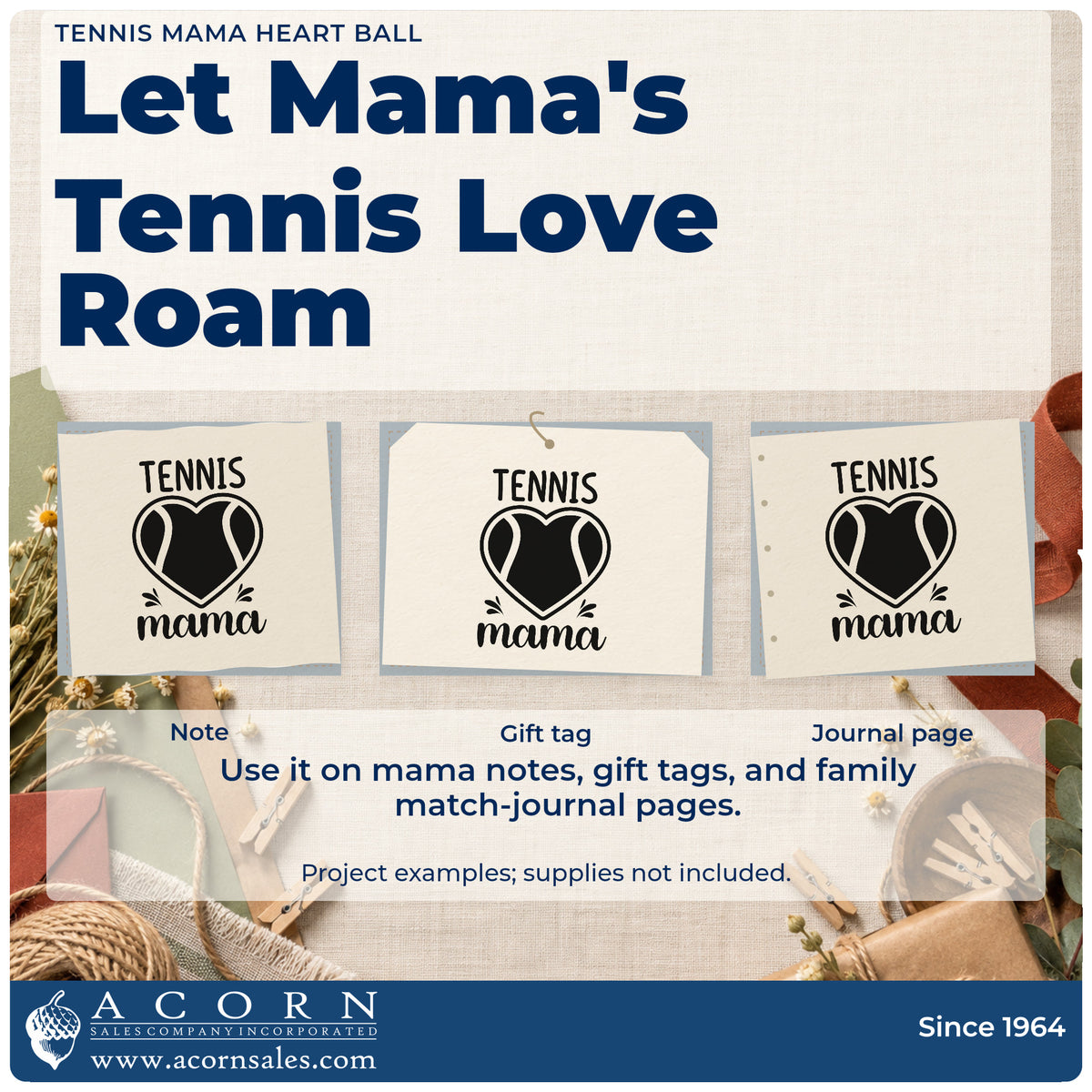 Three project examples made with the Mama Tennis Heart Lettering Self-Inking Stamp, including wash rota sheet.