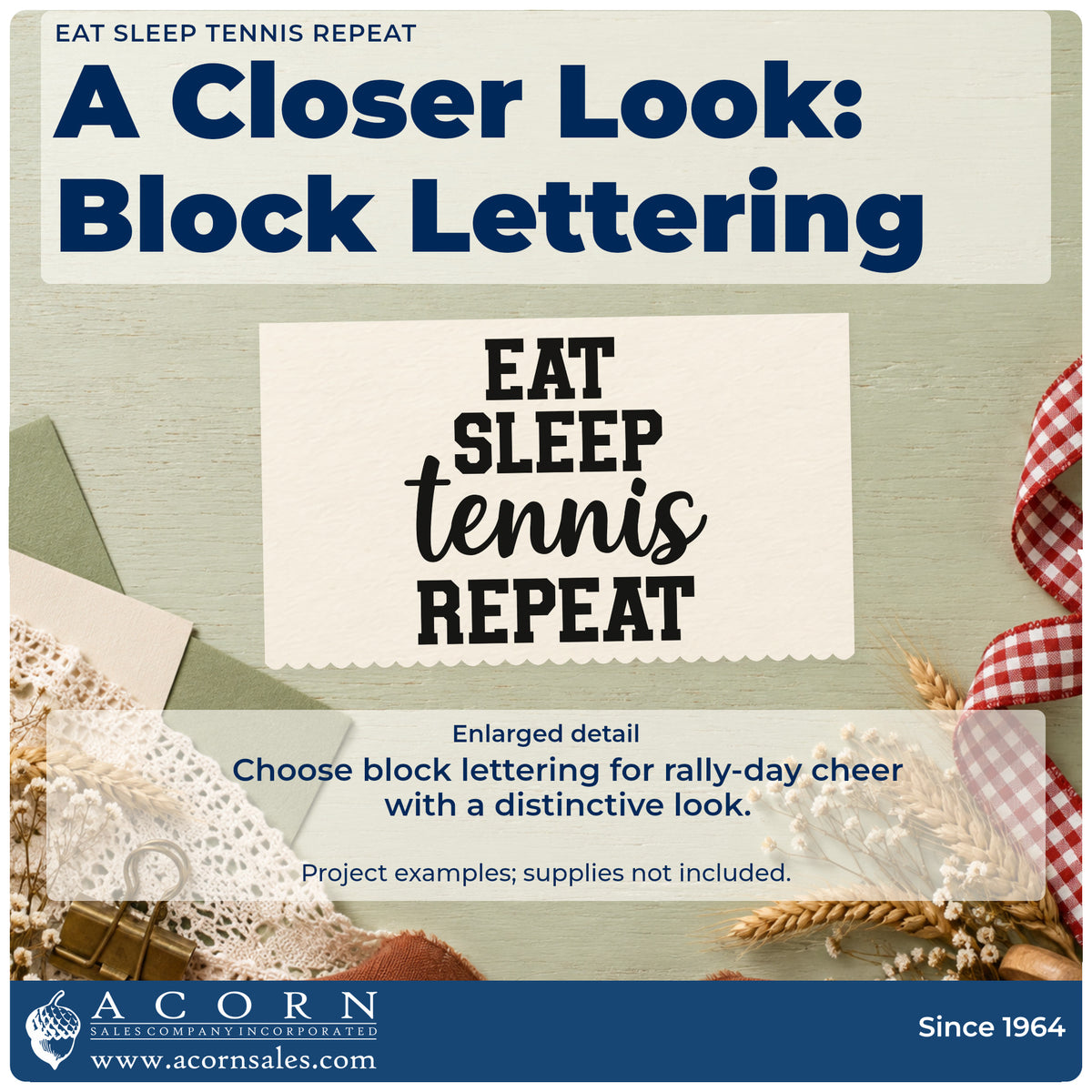 Enlarged detail of the Eat Sleep Tennis Repeat Script Lettering Rubber Stamp – Wood Handle imprint. EAT SLEEP tennis REPEAT appears in bold athletic capitals and script.