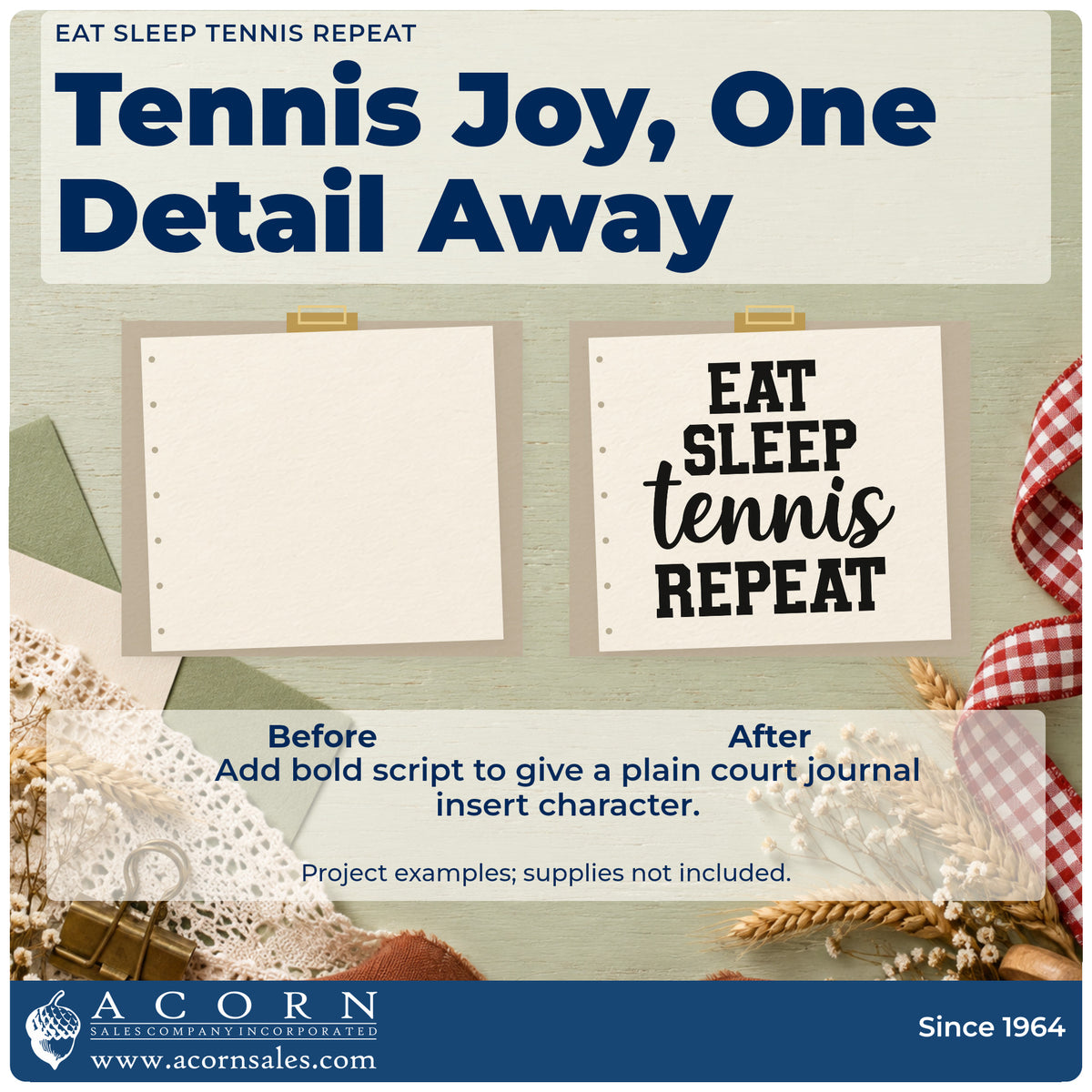 Before and after of a plain item finished with the Eat Sleep Tennis Repeat Script Lettering Duo Hand Stamp, a quick upgrade for framed dorm wall.