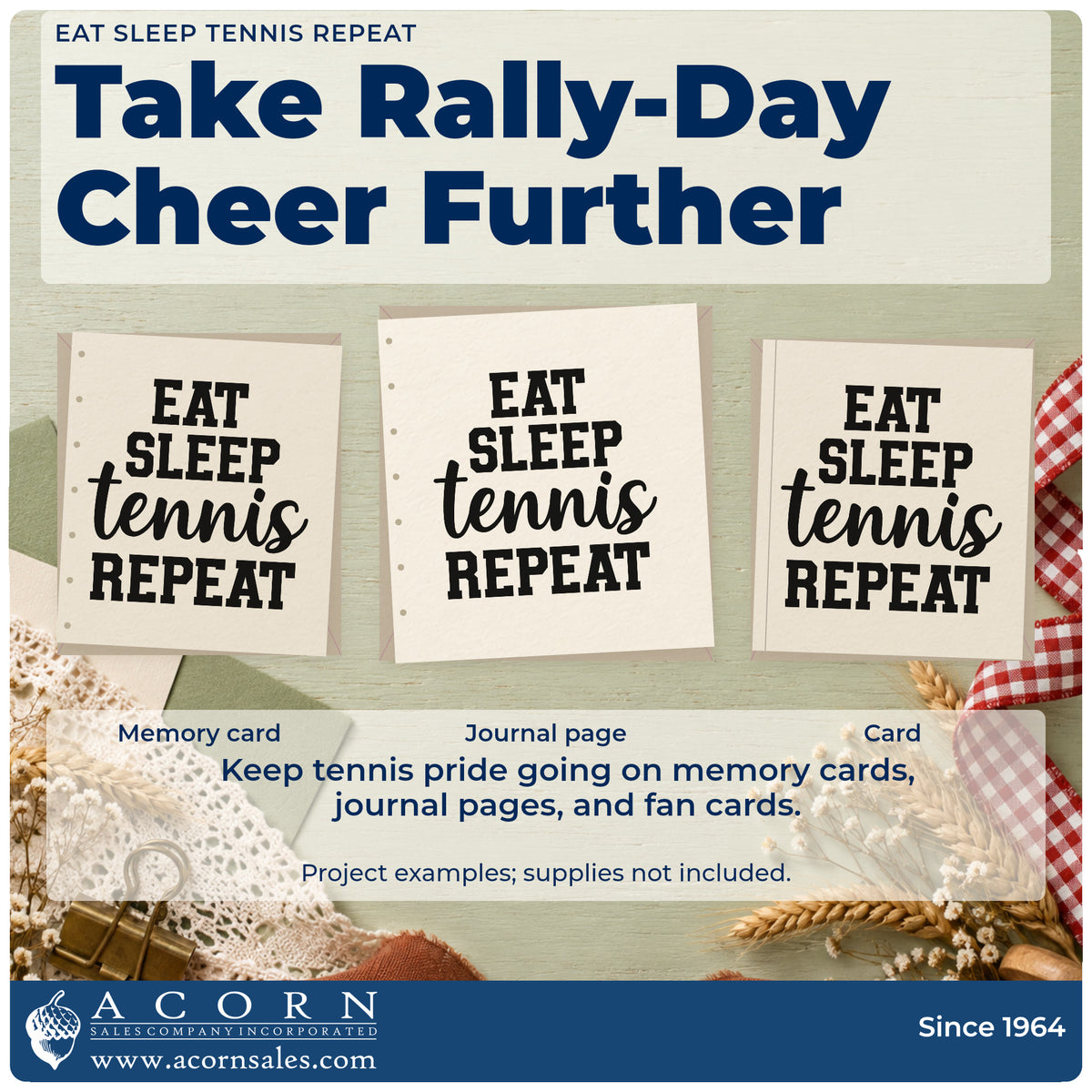 Three project examples made with the Eat Sleep Tennis Repeat Script Lettering Rubber Stamp – Wood Handle, including day schedule sheet.