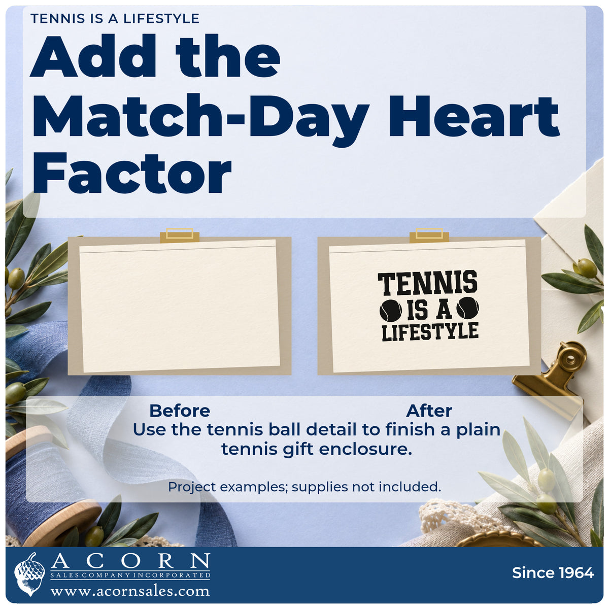 Before and after of a plain item finished with the Tennis Lifestyle Ball Pair Premium Wooden Stamp – Vintage Pro, a quick upgrade for framed community room.
