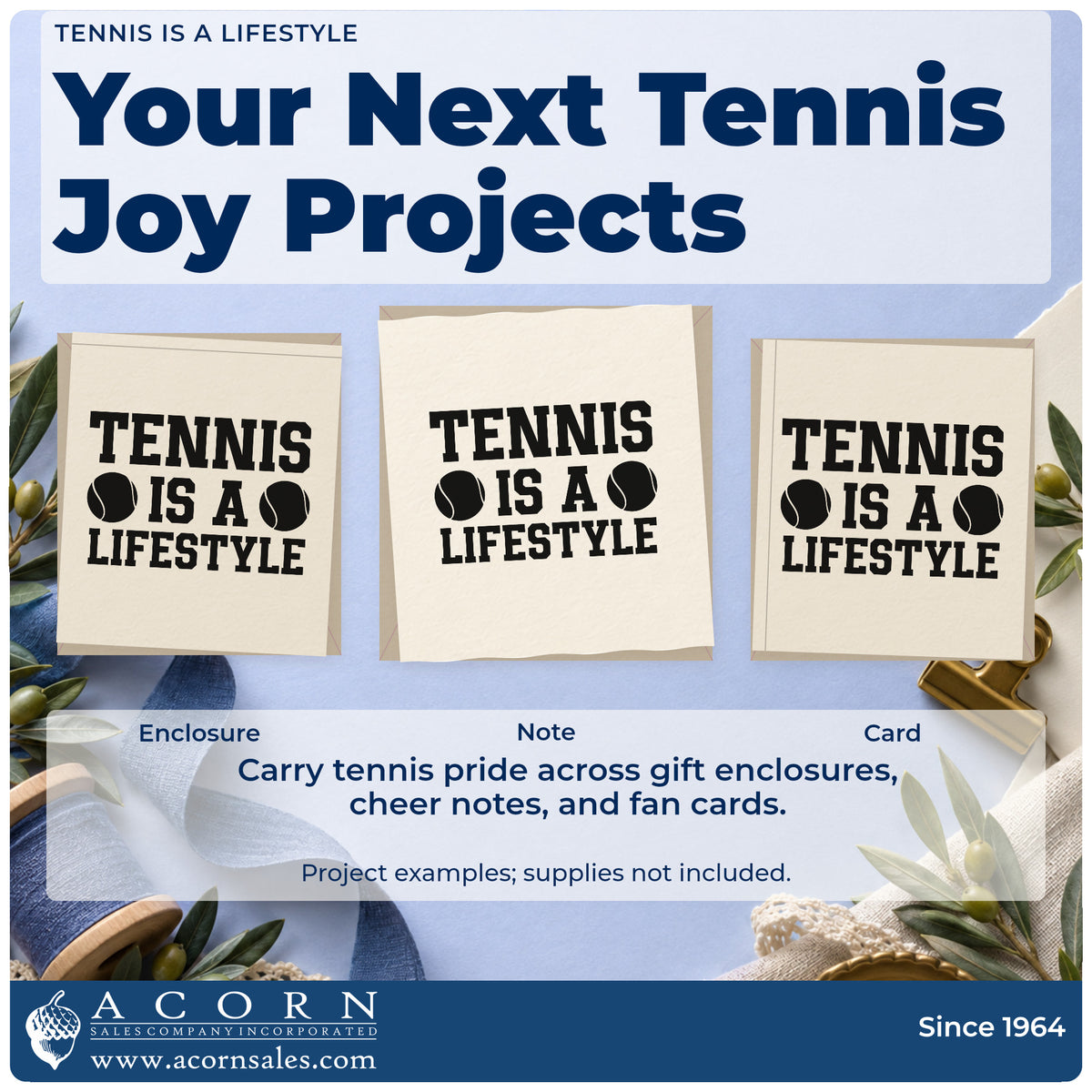 Three project examples made with the Tennis Lifestyle Ball Pair Self-Inking Craft Stamp, including group slot sheet.
