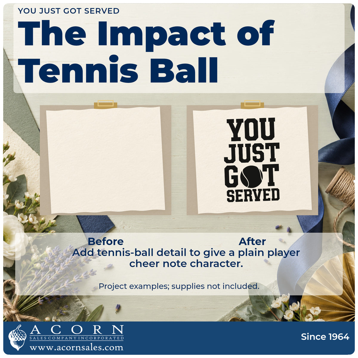 Before and after of a plain item finished with the You Just Got Served Tennis Ball Stamp – Self-Inking, a quick upgrade for framed club shelf.