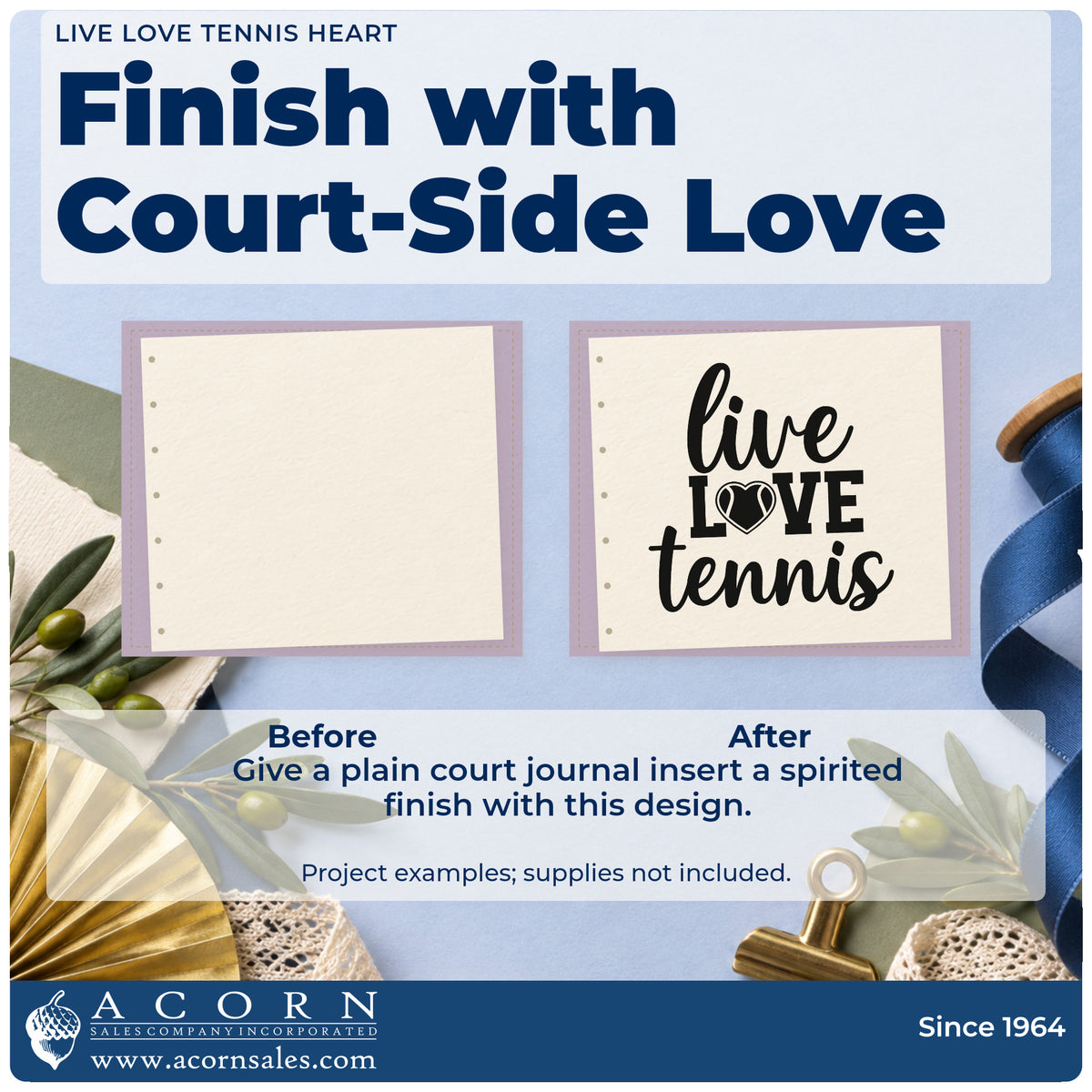 Before and after of a plain item finished with the Live Love Tennis Stamp – Slim Pre-Inked, a quick upgrade for framed café corner.