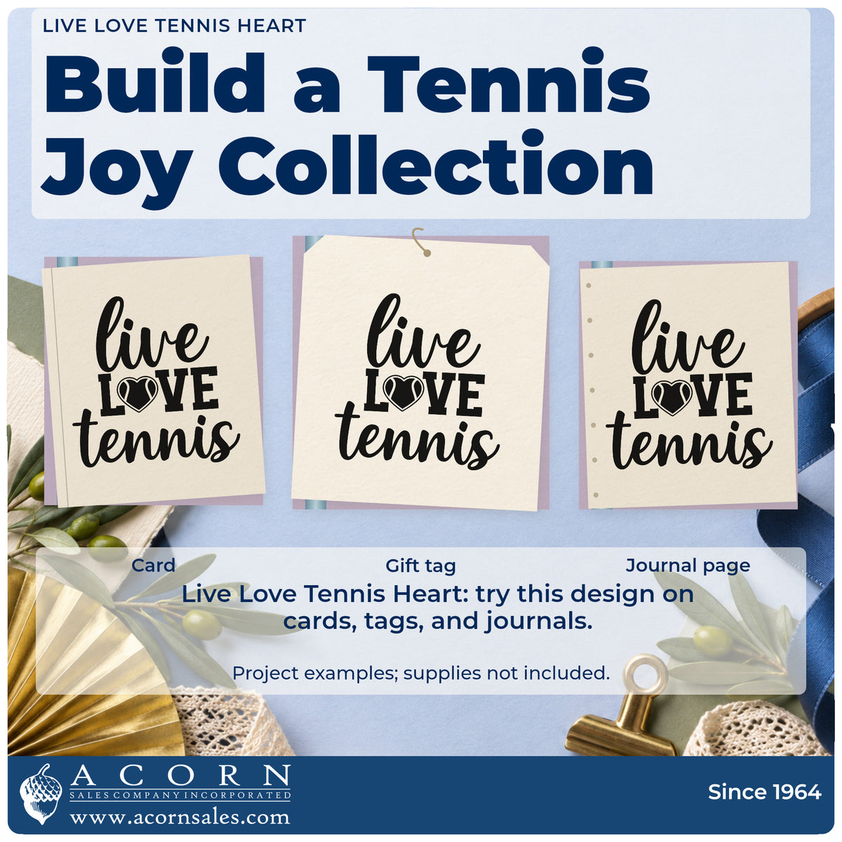 Three project examples made with the Live Love Tennis Rubber Stamp – Wood Handle, including notice rota sheet.