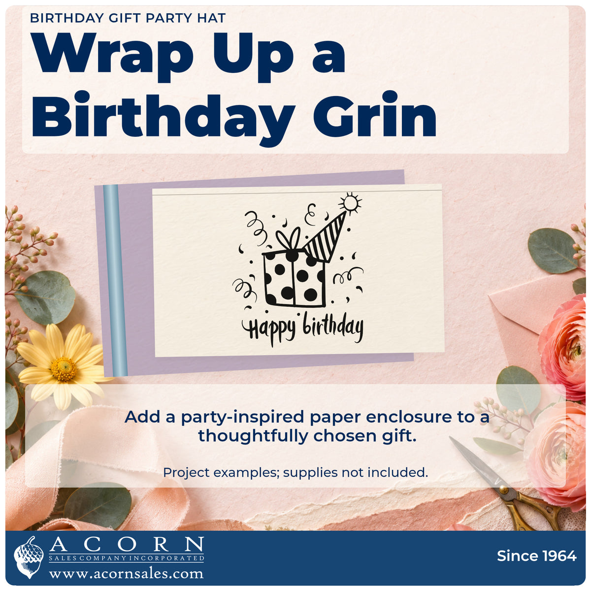 A finished handmade project stamped with the Birthday Present And Striped Party Hat Pre-Inked Stamp – PSI, ideal for party album page.