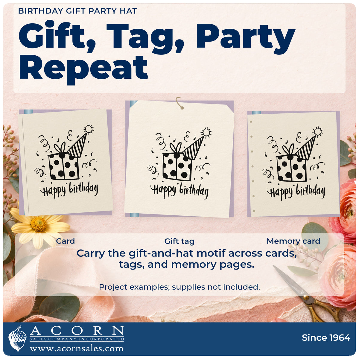 Three project examples made with the Birthday Present And Striped Party Hat Pre-Inked Stamp – PSI, including party run sheet.