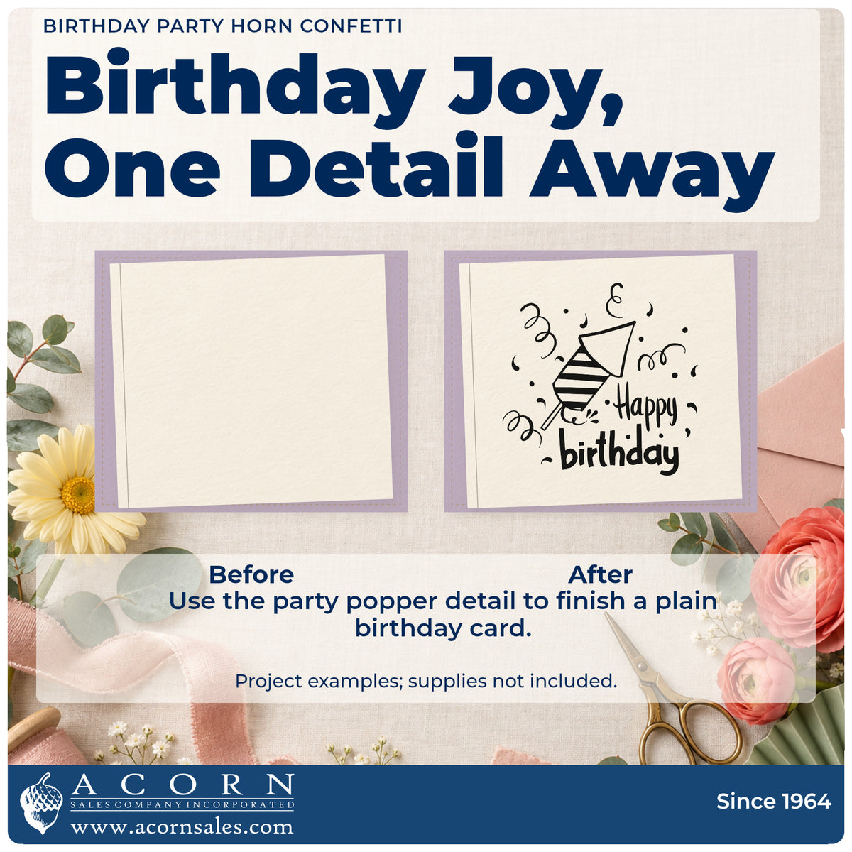 Before and after of a plain item finished with the Pre-Inked Striped Party Horn Birthday Wishes Stamp – PSI, a quick upgrade for framed guest table.
