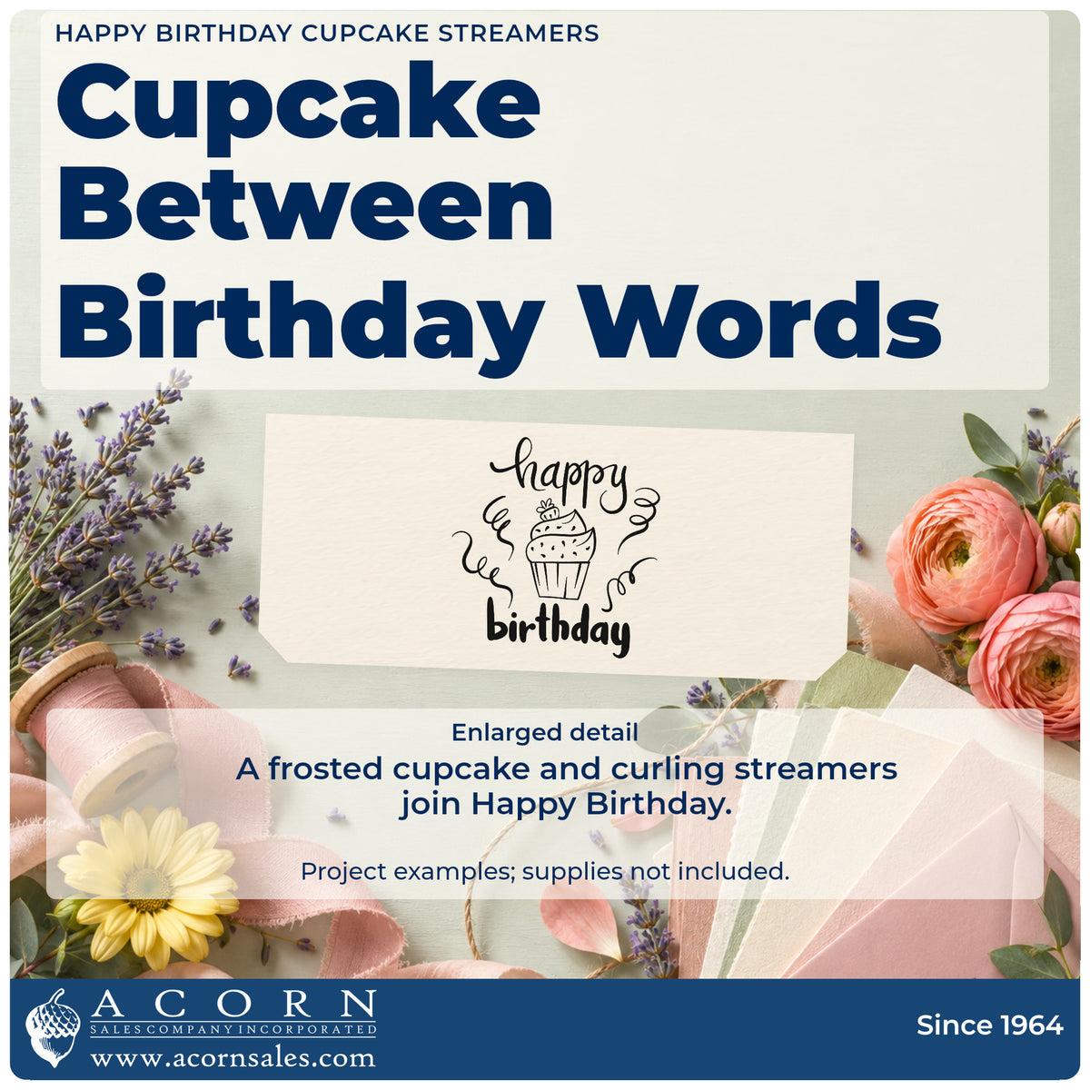 Enlarged detail of the Happy Birthday Cupcake And Streamers PSI Pre-Inked Stamp imprint. A frosted cupcake sits between happy and birthday with curling streamers.