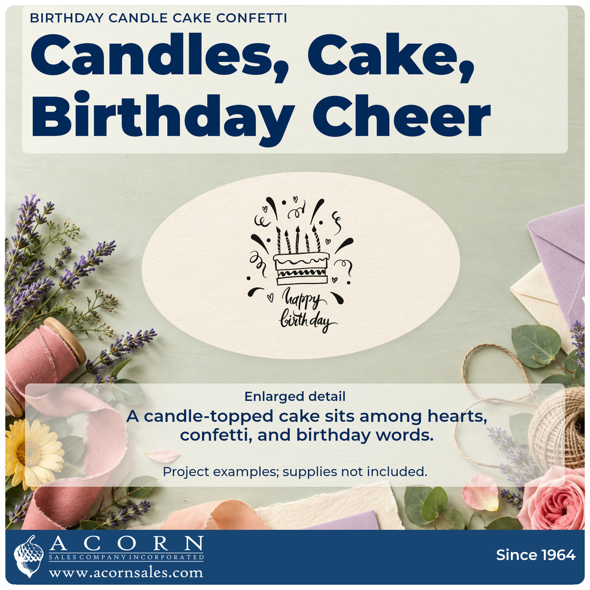 Enlarged detail of the PSI Pre-Inked Birthday Candle Cake Confetti With Hearts Stamp imprint. A small cake with several candles appears above happy birthday amid hearts and confetti.