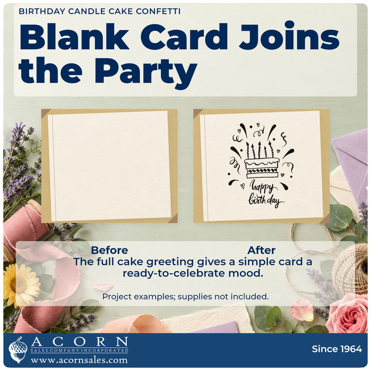 Before and after of a plain item finished with the Birthday Candle Cake Confetti With Hearts Stamp – Self-Inking, a quick upgrade for framed break room.