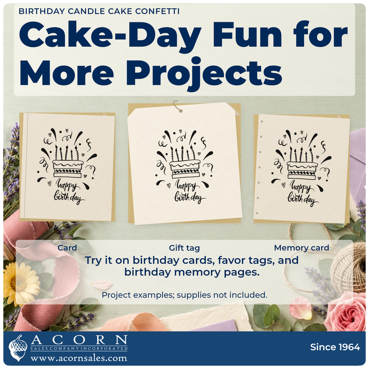 Three project examples made with the Birthday Candle Cake Confetti With Hearts Stamp – Premium Vintage Pro Wooden, including birthday list sheet.