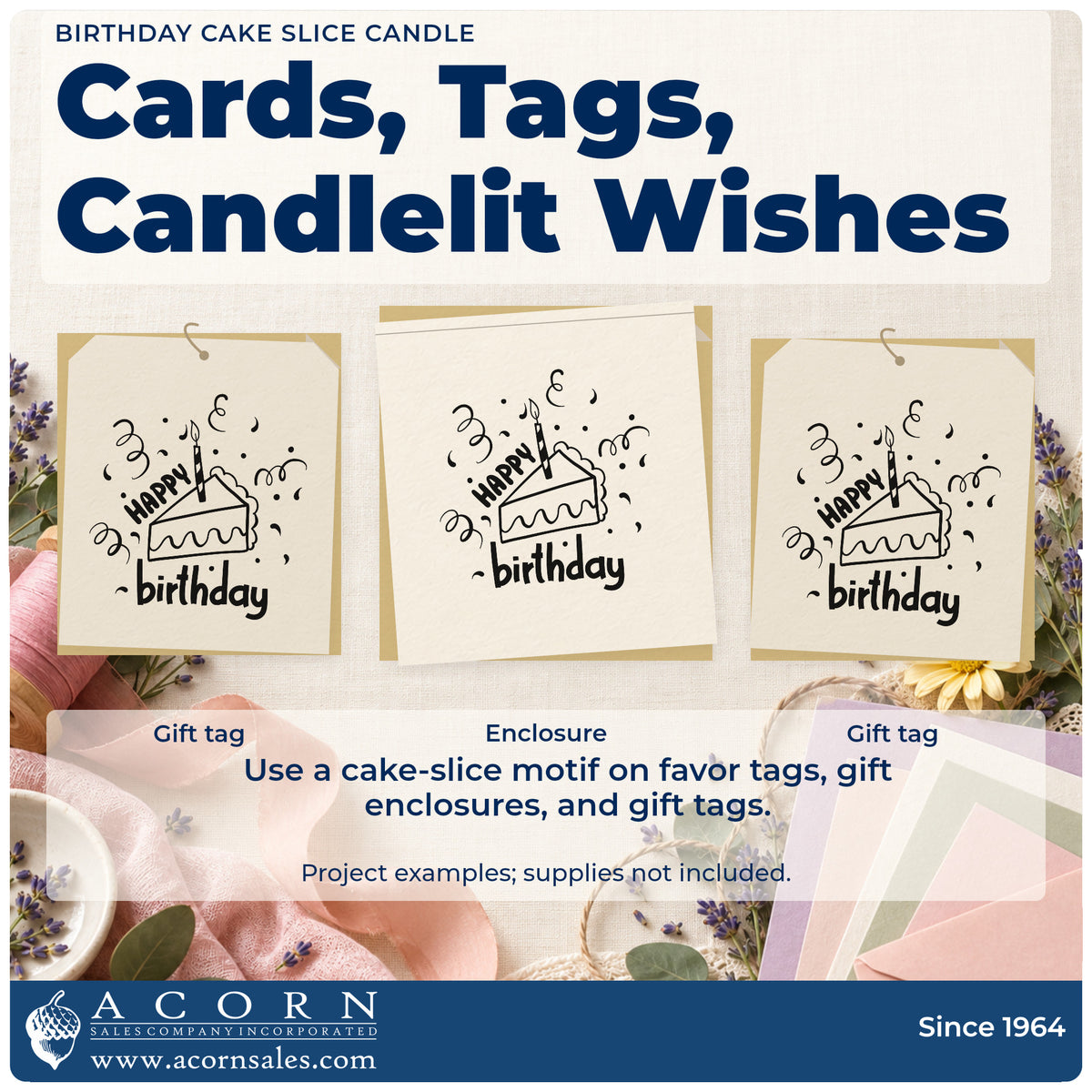 Three project examples made with the Birthday Cake Slice Candle Self-Inking Craft Stamp, including brunch menu sheet.