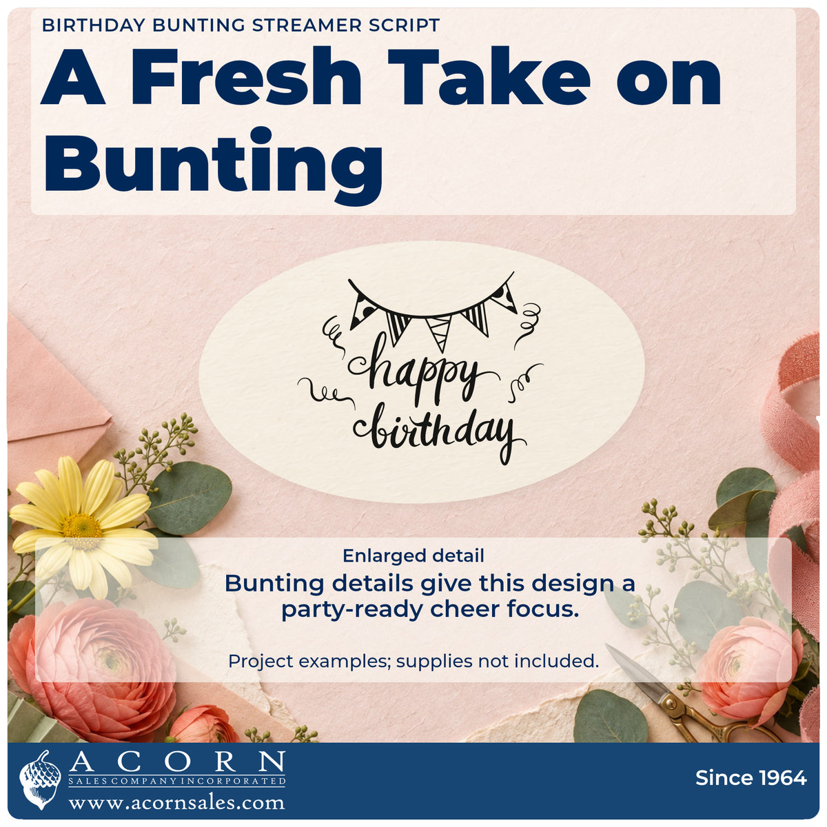 Enlarged detail of the Birthday Bunting Streamer Script Self-Inking Stamp imprint. Striped pennant bunting hangs above happy birthday surrounded by curling streamers.