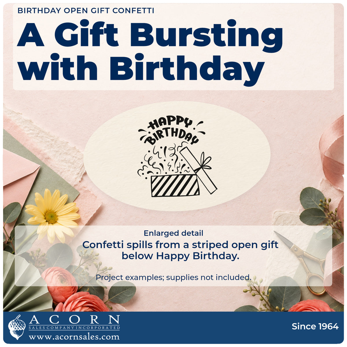 Enlarged detail of the Birthday Present Bursting With Confetti Stamp – Duo Hand imprint. An open striped gift box bursts with confetti beneath HAPPY BIRTHDAY.
