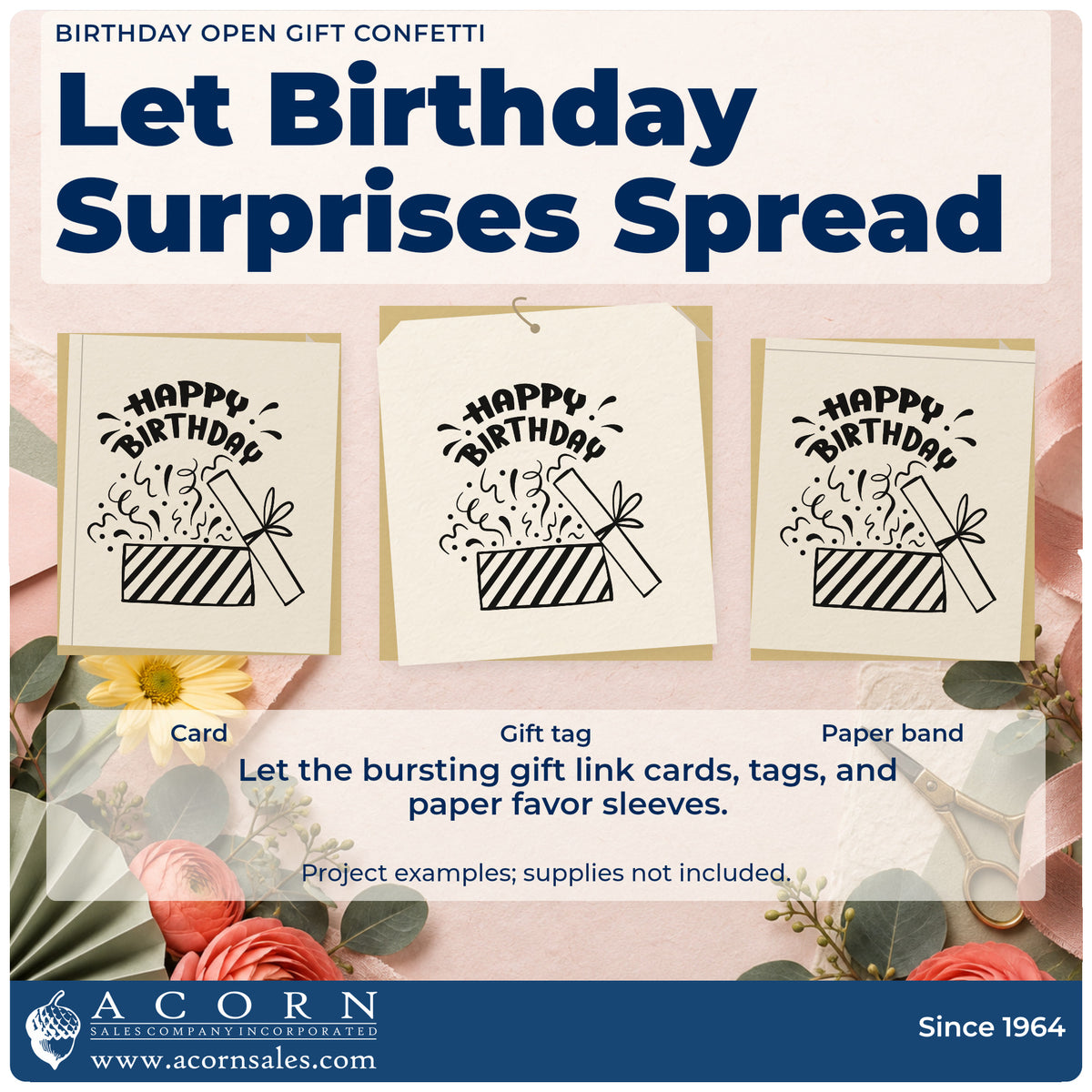 Three project examples made with the Self-Inking Birthday Present Bursting With Confetti Stamp, including gift plan sheet.