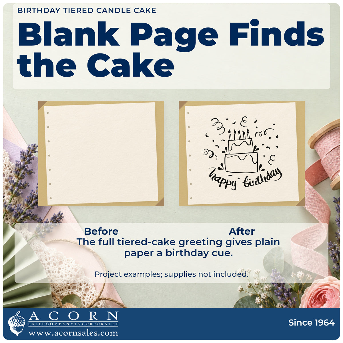 Before and after of a plain item finished with the Birthday Tiered Candle Cake PSI Pre-Inked Stamp, a quick upgrade for framed entry table.