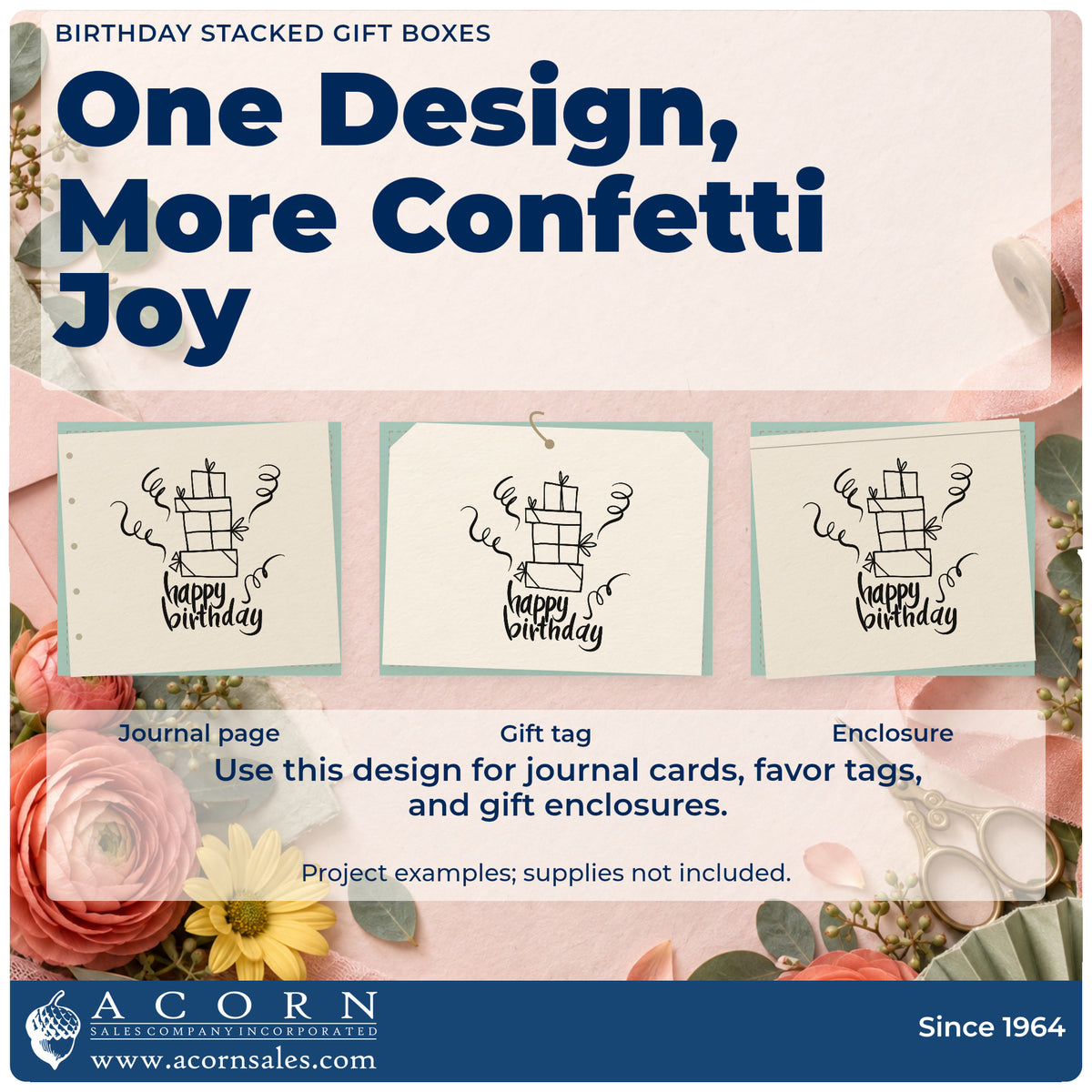 Three project examples made with the Duo Hand Ribboned Birthday Present Stack Rubber Stamp, including wish list sheet.