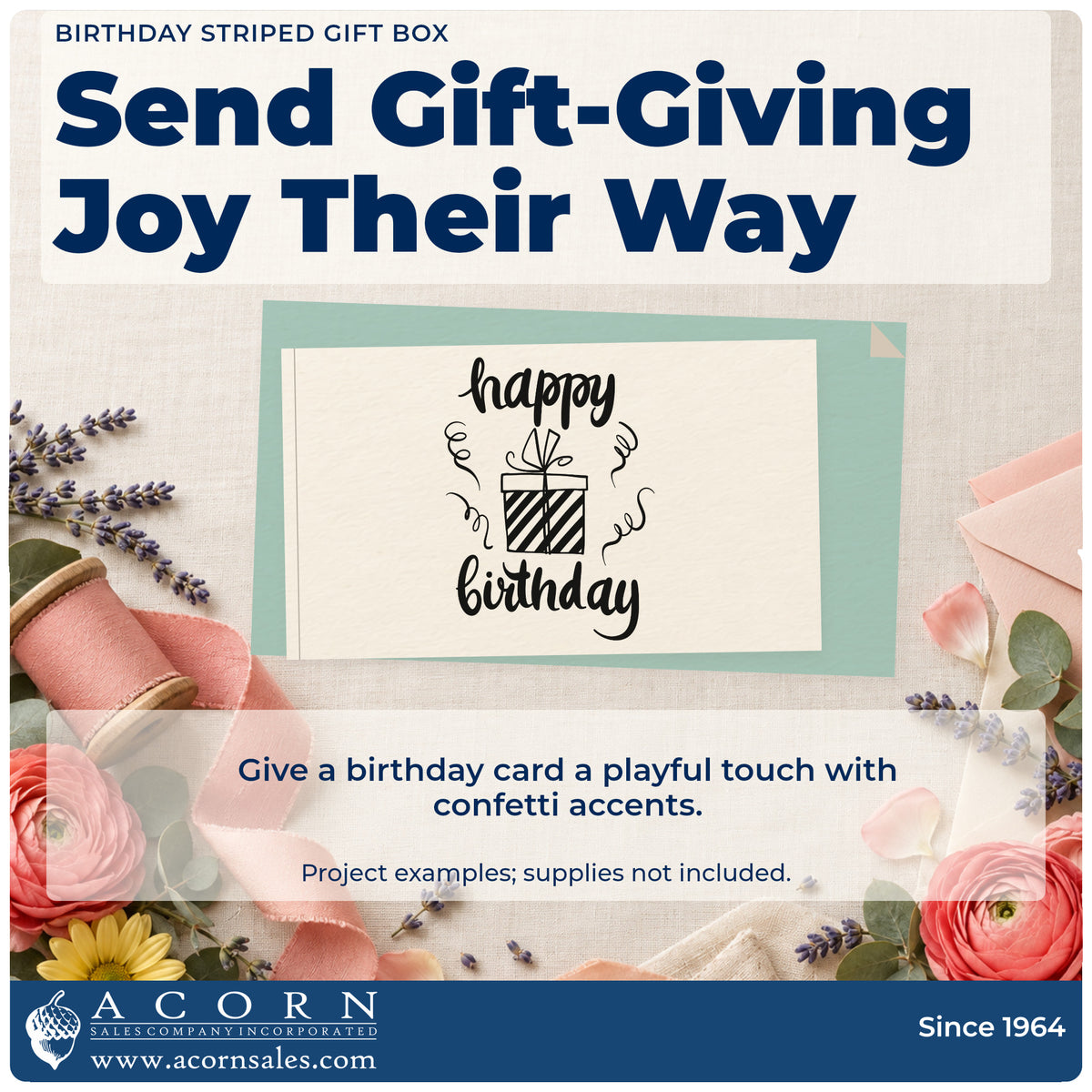 A finished handmade project stamped with the Happy Birthday Ribboned Gift Box Stamp – Self-Inking, ideal for parcel album page.