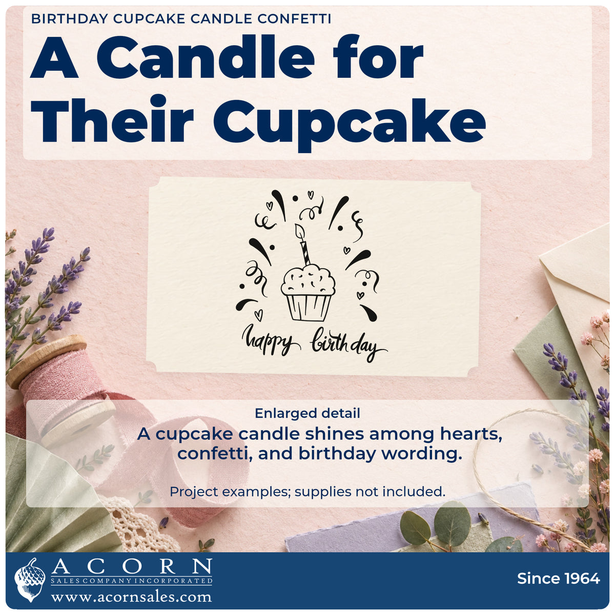 Enlarged detail of the Birthday Cupcake Candle Confetti Rubber Stamp – Duo Hand imprint. A candle-topped cupcake appears above happy birthday amid hearts and confetti.