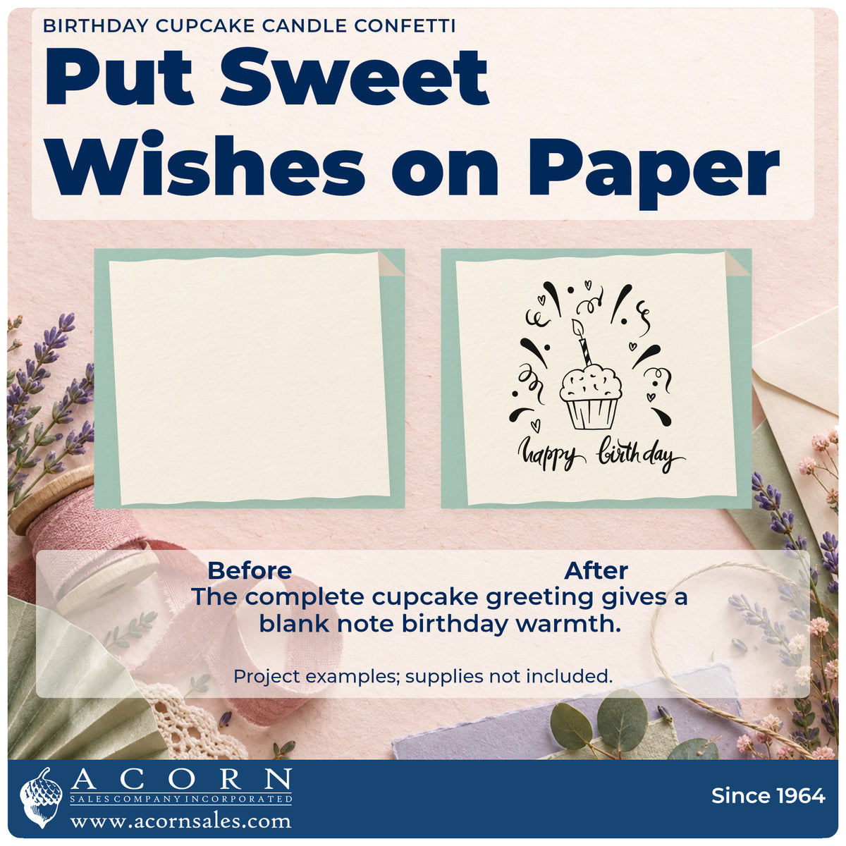 Before and after of a plain item finished with the Birthday Cupcake Candle Confetti Self-Inking Stamp, a quick upgrade for framed classroom door.