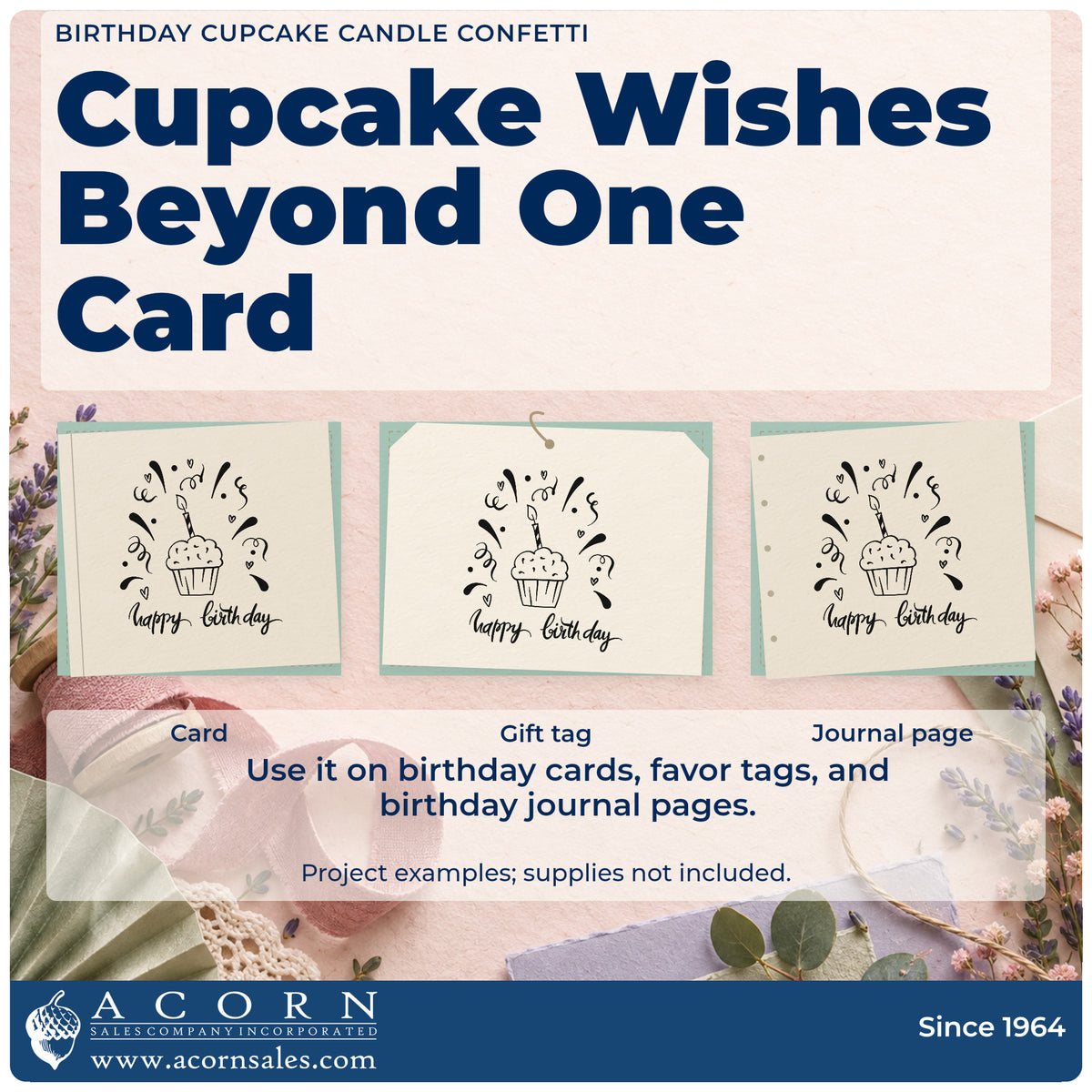 Three project examples made with the Birthday Cupcake Candle Confetti Wood Handle Stamp, including birthday chart sheet.