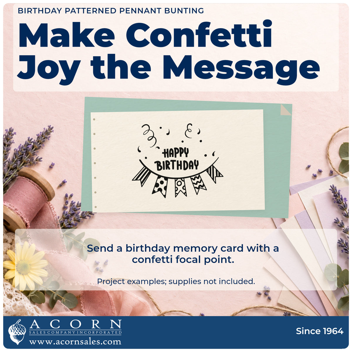 A finished handmade project stamped with the Birthday Patterned Pennant Bunting Confetti Stamp – Premium Vintage Pro Wooden, ideal for club year album page.